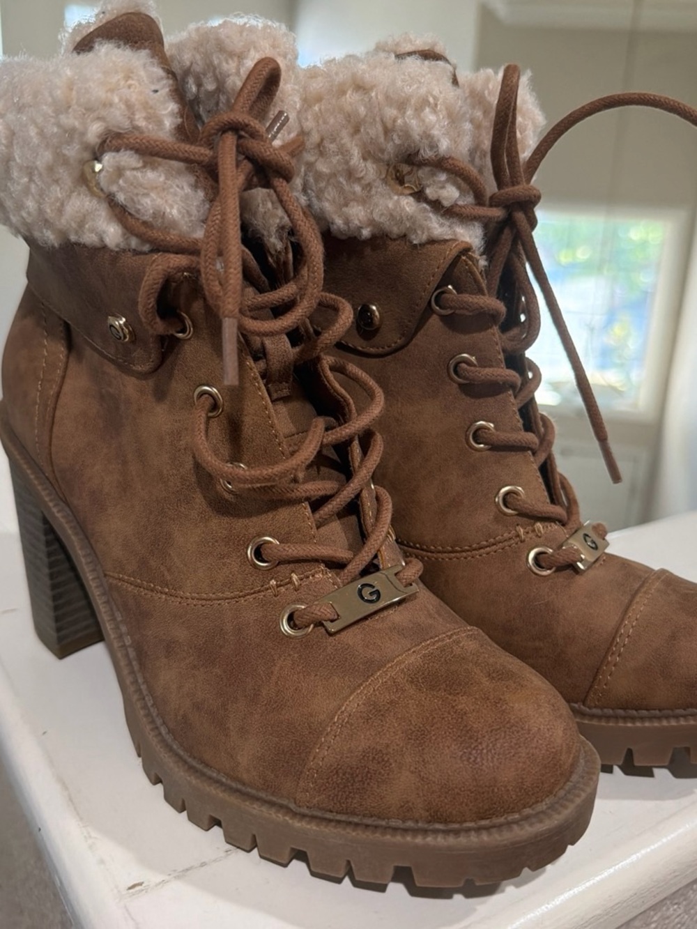 G by Guess Brown Faux Suede Lace-Up Sherpa Ankle Heeled Boots